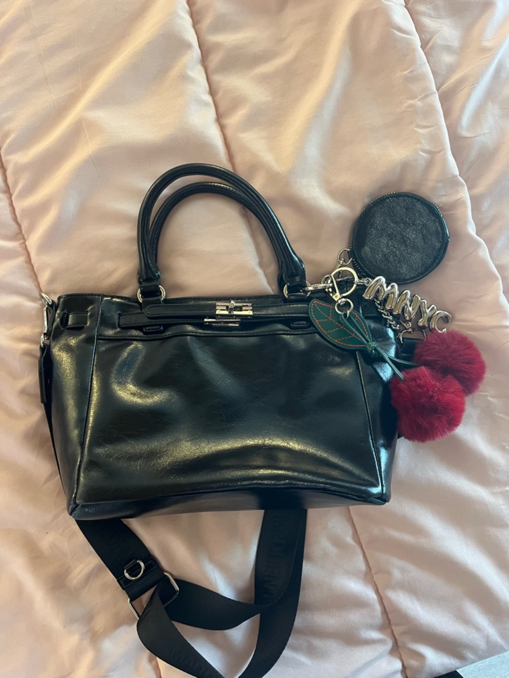 Steve Madden Black Crossbody Satchel with Red Pom-Pom Charm